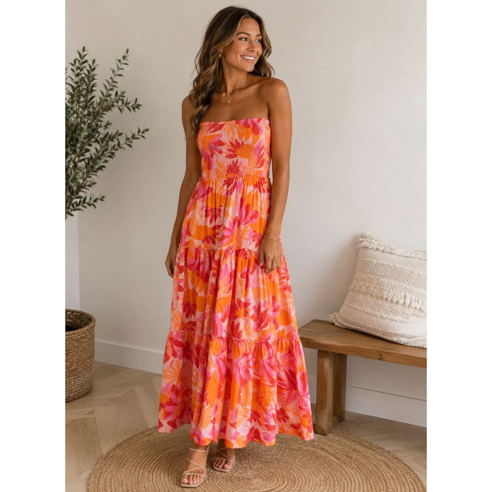 Abel The Label Rumi Strapless Smocked Maxi Dress Orange Floral Women's Small